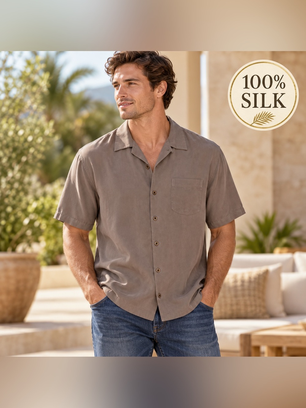 Tommy Bahana Men’s 100% Silk Camp Shirt Taupe Brown Size M